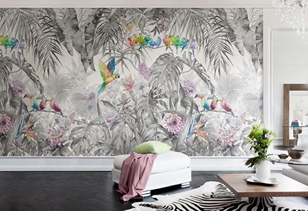 Sticker Mural Jungle Perroquet Toucan Palmier Bananier Fleur Papier